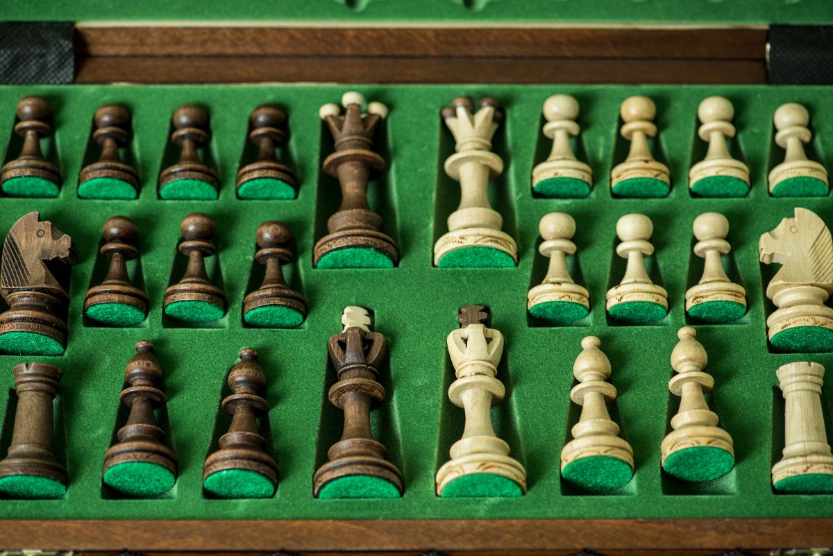 Wooden chess pieces in a green foam storage.