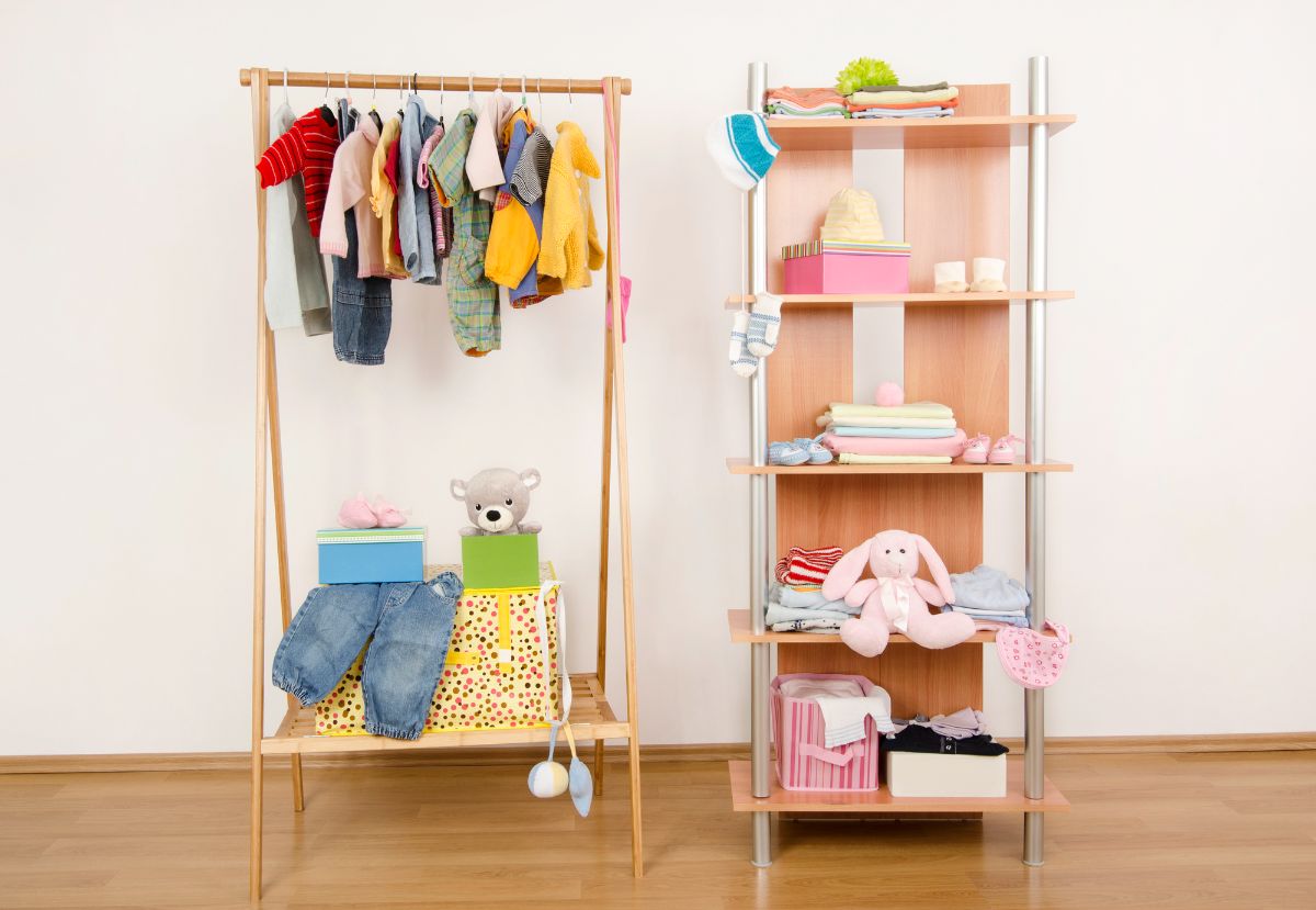 6 Popular Types of Board Game Storage Options 6 A shelf with toys and clothes displayed.