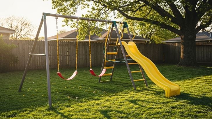 Backyard Swing Set with Slide. Classic metal playground set in a sunny yard. Perfect for outdoor fun, active play, and healthy childhoods.