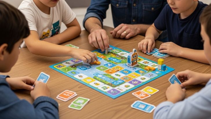 Coding Board Game for kids. Children and an adult play a fun game to learn programming fundamentals, logic, and problem-solving skills. 