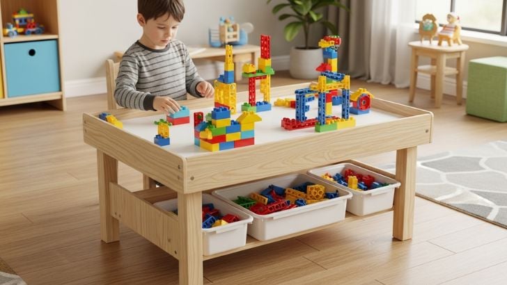 Kids' Construction Play Table with storage bins. A boy builds with colorful blocks, keeping the play area tidy. Ideal for organization and creative play.