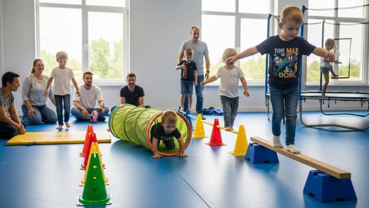Creative Gross Motor Play Ideas! Kids navigate an indoor obstacle course: crawling through a tunnel and balancing on a beam. Fun physical activity. 