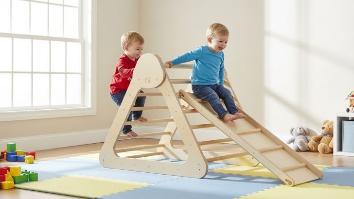 Indoor Climbing Triangle with Ramp. Two toddlers playing, boosting gross motor skills, balance, and coordination. Perfect for active learning. 