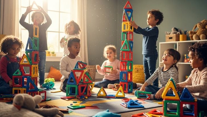 Magnetic Building Blocks for kids! A diverse group of happy children playing and building towers together. Promotes creativity and collaboration. 