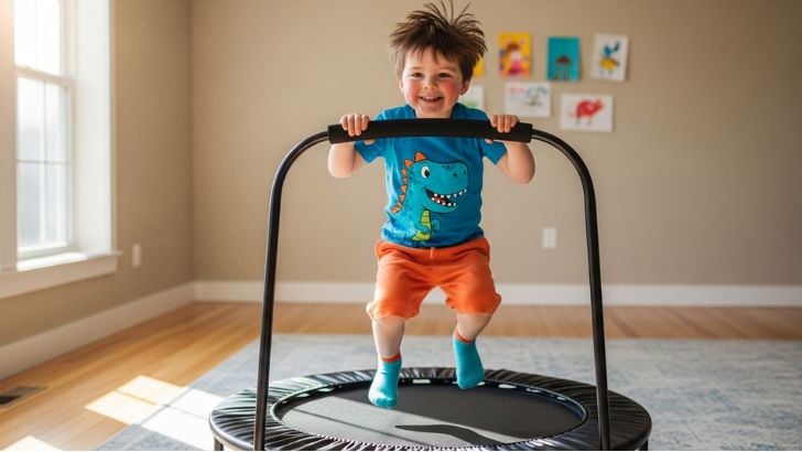 Mini Trampoline with Handle for kids. A happy child jumps indoors, getting great exercise. Promotes gross motor skills and active fun