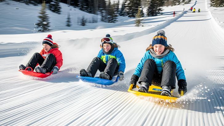 Three smiling children sledding happily down a groomed snowy slope on colorful plastic snow sleds.