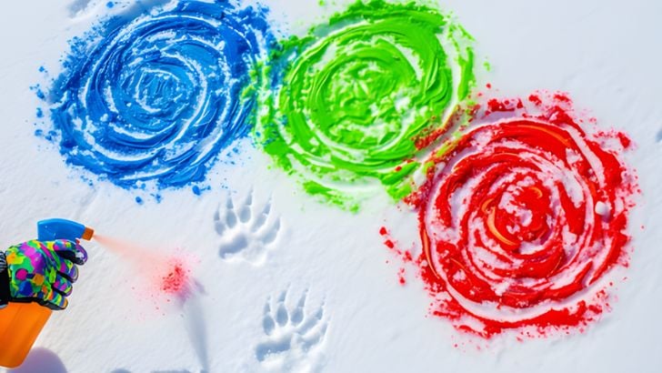 Child spraying red, green, and blue paint in creative swirl patterns onto the white snow, with animal paw prints visible nearby