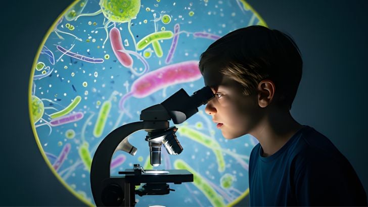 Child looking through a microscope with a giant image of bacteria and cells. Promote early learning, microbiology, and scientific discovery.