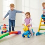 Gross motor toys for toddlers! Children ride bikes, balance on a beam, and climb a ladder. Develops balance, coordination, and strength.