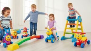 Gross motor toys for toddlers! Children ride bikes, balance on a beam, and climb a ladder. Develops balance, coordination, and strength.