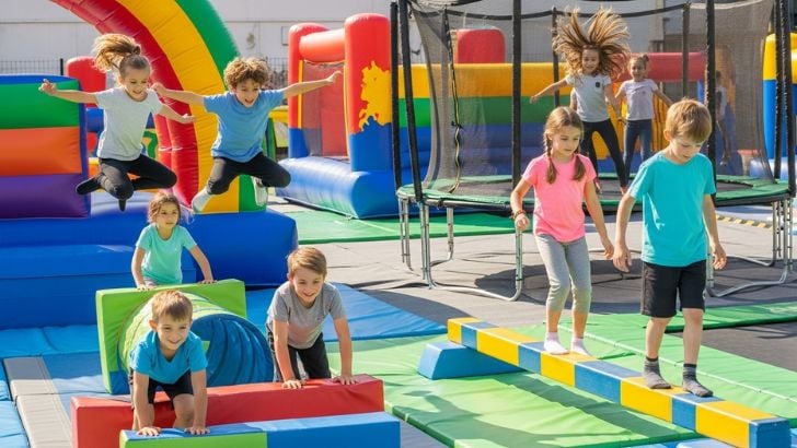 Kids developing balance, coordination, and physical strength on fun outdoor play equipment. Ideal gross motor activities for children's centers.