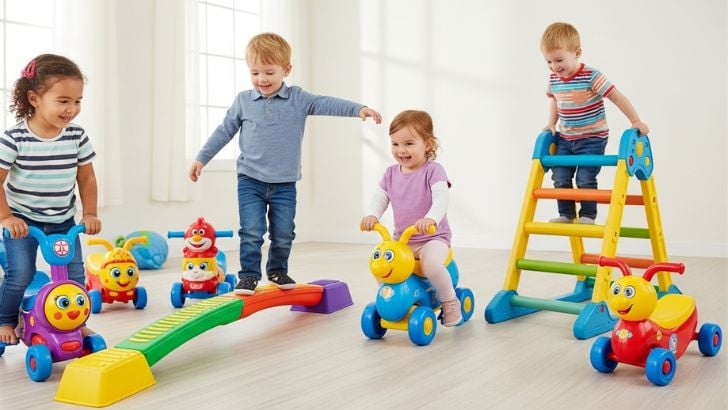 Gross motor toys for toddlers! Children ride bikes, balance on a beam, and climb a ladder. Develops balance, coordination, and strength.