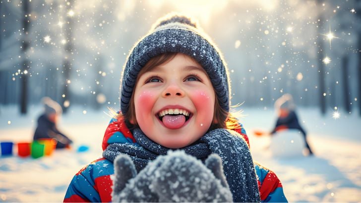 Close-up of a child's radiant, smiling face playing happily in the sparkling snow and sunshine.