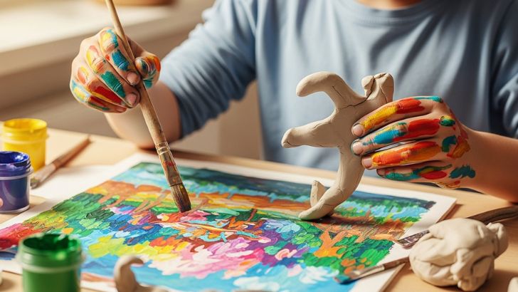 Creative kids art: Child's paint-covered hands creating a vibrant painting and a clay sculpture. Ideal for art education and imaginative play.