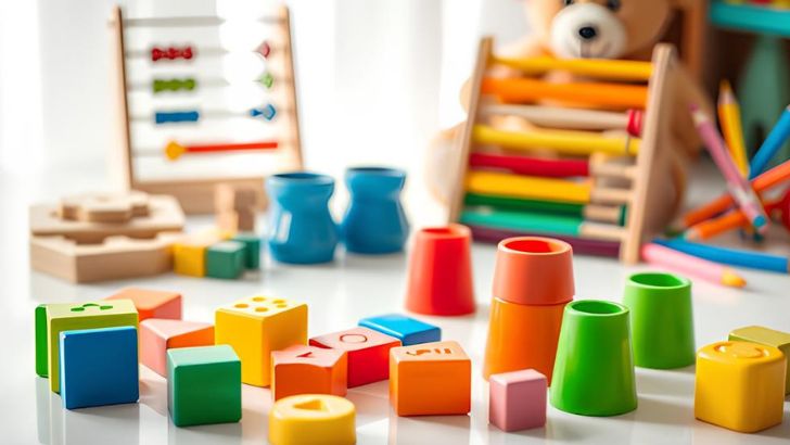 Colorful early childhood educational toys, including wooden blocks, stacking cups, and an abacus, displayed on a white surface.