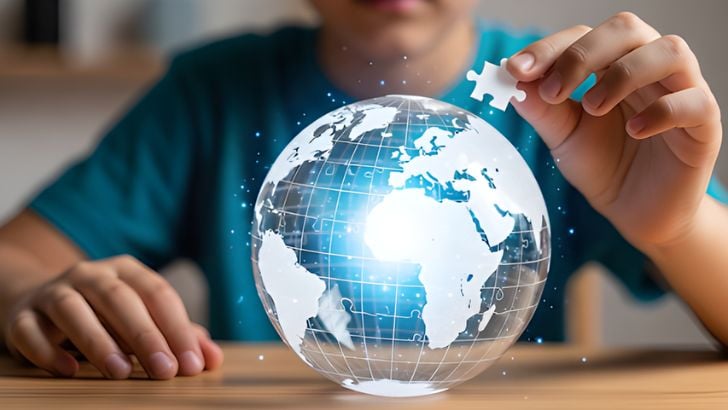 Child placing a puzzle piece onto a glowing world globe. Concepts of global business, connectivity, technology, and education.