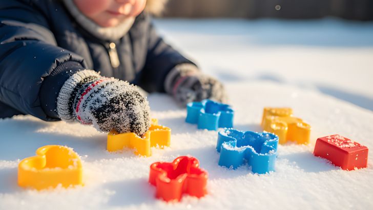 Close-up of a bundled-up child in mittens playing with colorful plastic shapers (heart, flower) in the white snow.