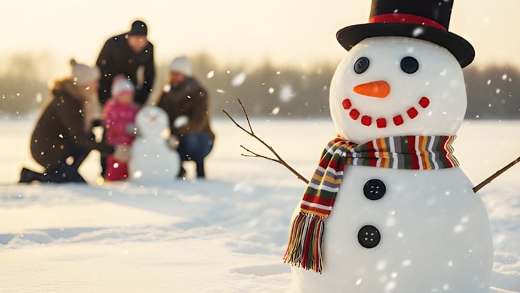 Close-up of a smiling snowman wearing a hat and scarf, with a family out of focus happily building another snowman in the snowy background.