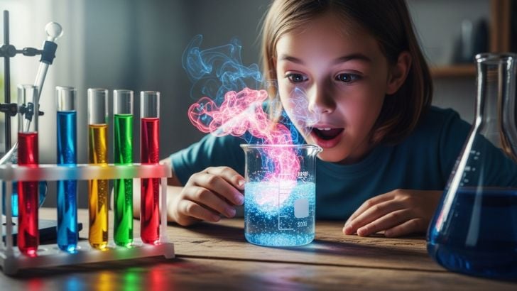 Exciting science experiment for kids. Girl reacts to a glowing chemical reaction with beakers and test tubes. Fun STEM learning.