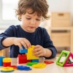 Adorable child plays with construction and magnetic building toys. Ideal for early learning, creative play, and preschool education - stem toys for 4 year olds