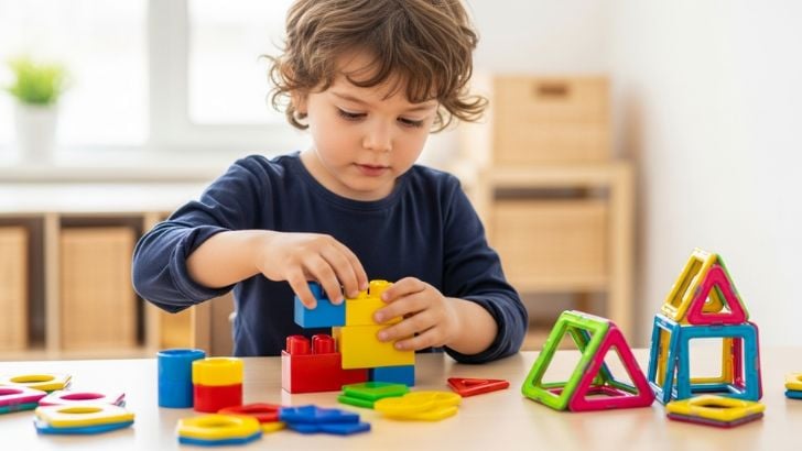 Adorable child plays with construction and magnetic building toys. Ideal for early learning, creative play, and preschool education.
