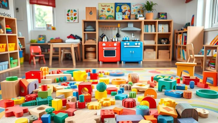Colorful kids' playroom floor covered in wooden blocks, building toys, and play kitchens.