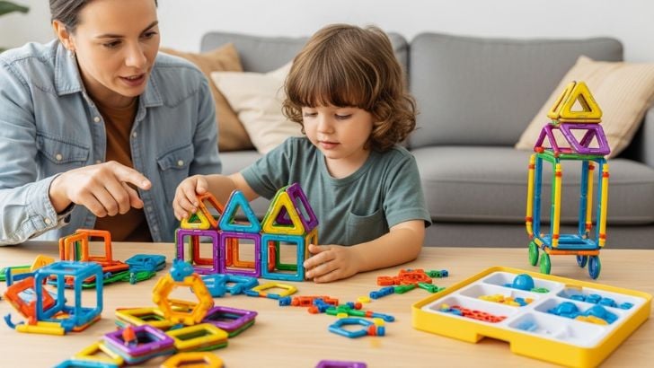 Parent guiding a child playing with magnetic construction toys. Ideal for educational guidance, early STEM, and quality playtime.