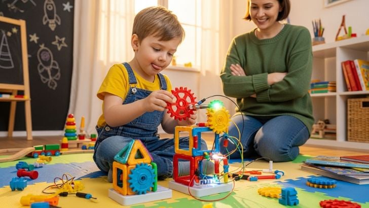 Mother and son enjoy educational play with a complex gear and circuitry toy. Ideal for developing early engineering skills and focused learning.