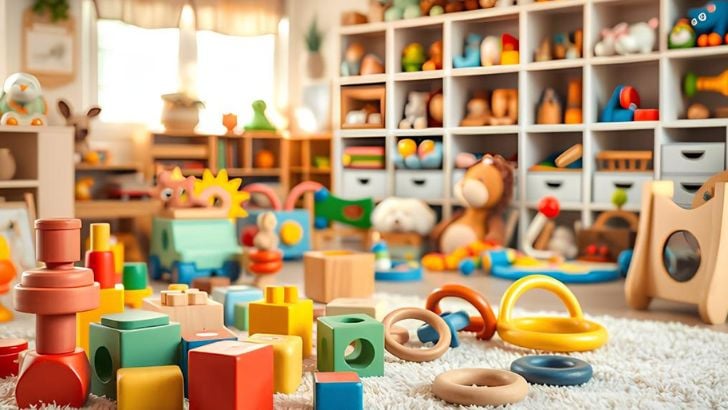 Cozy kids' playroom with wooden blocks on the floor and shelves fully stocked with toys and stuffed animals.