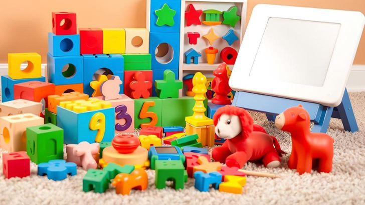 Colorful collection of diverse children's toys, including wooden blocks, shapes, educational pieces, and a small whiteboard/easel.