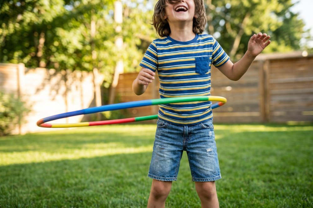 Child laughing while spinning a colorful hula hoop in a backyard