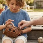 child trying on baseball glove for size fit