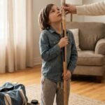 child measuring hockey stick height for size fitting
