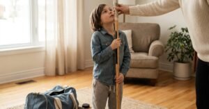 child measuring hockey stick height for size fitting