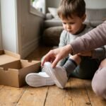 Parent checking the fit of a new sneaker on a young child's foot at home