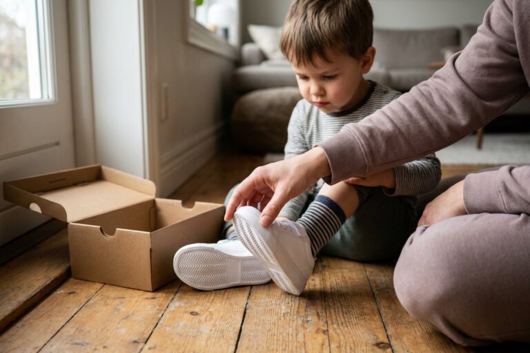 Kids Shoe Size Chart by Age: Toddler, Little Kid and Youth 14 Parent checking the fit of a new sneaker on a young child's foot at home