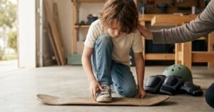 child sizing skateboard deck width against shoe