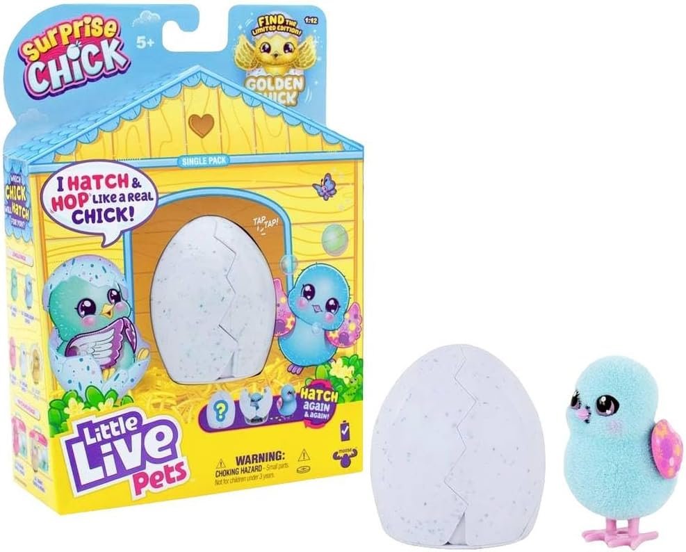 Little Live Pets Surprise Chick toy in a blue egg, an interactive chick that taps its way out and hops around.